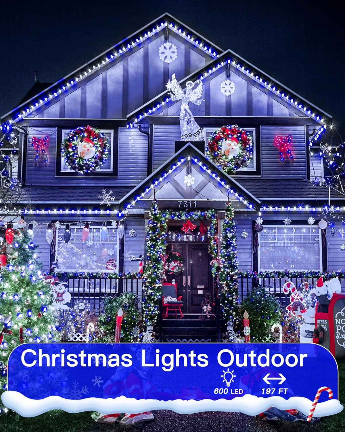 Christmas Lights Outdoor Waterproof, 196FT 600LED String Lights with Remote,8 Modes LED Lights Plug in Twinkle Fairy Light for Party Holiday Decor (Blue+White)