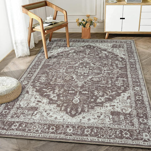 Bloom Rugs Washable Non-Slip 5' x 7' Rug - Dark Brown Traditional Medallion Area Rug for Living Room, Bedroom, Dining Room, and Kitchen - Exact Size: 5' x 7'