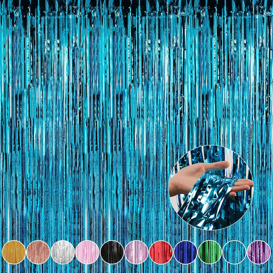 Crosize 4 Pack 3.3 x 9.9 ft Foil Fringe Curtains Party Decorations, Blue Tinsel Curtain Backdrop for Parties, Door Streamers, Glitter Streamer Fringe Backdrop for Birthday Decoration (Blue)
