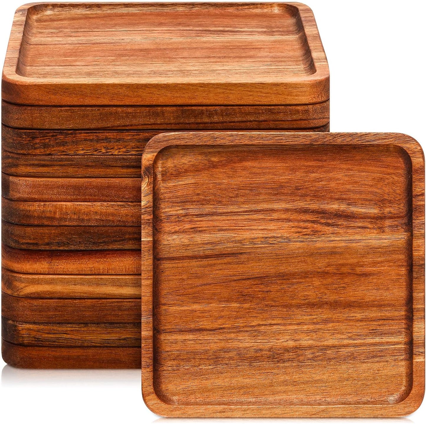 Roshtia 12 Pcs Wooden Plates Square Acacia Wood Charcuterie Board Wedding Dinner Serving Tray Charger Appetizer Kitchen Platter Cheese Steak Tableware Gift for Snack Dessert Salad Fruit (8 Inch)