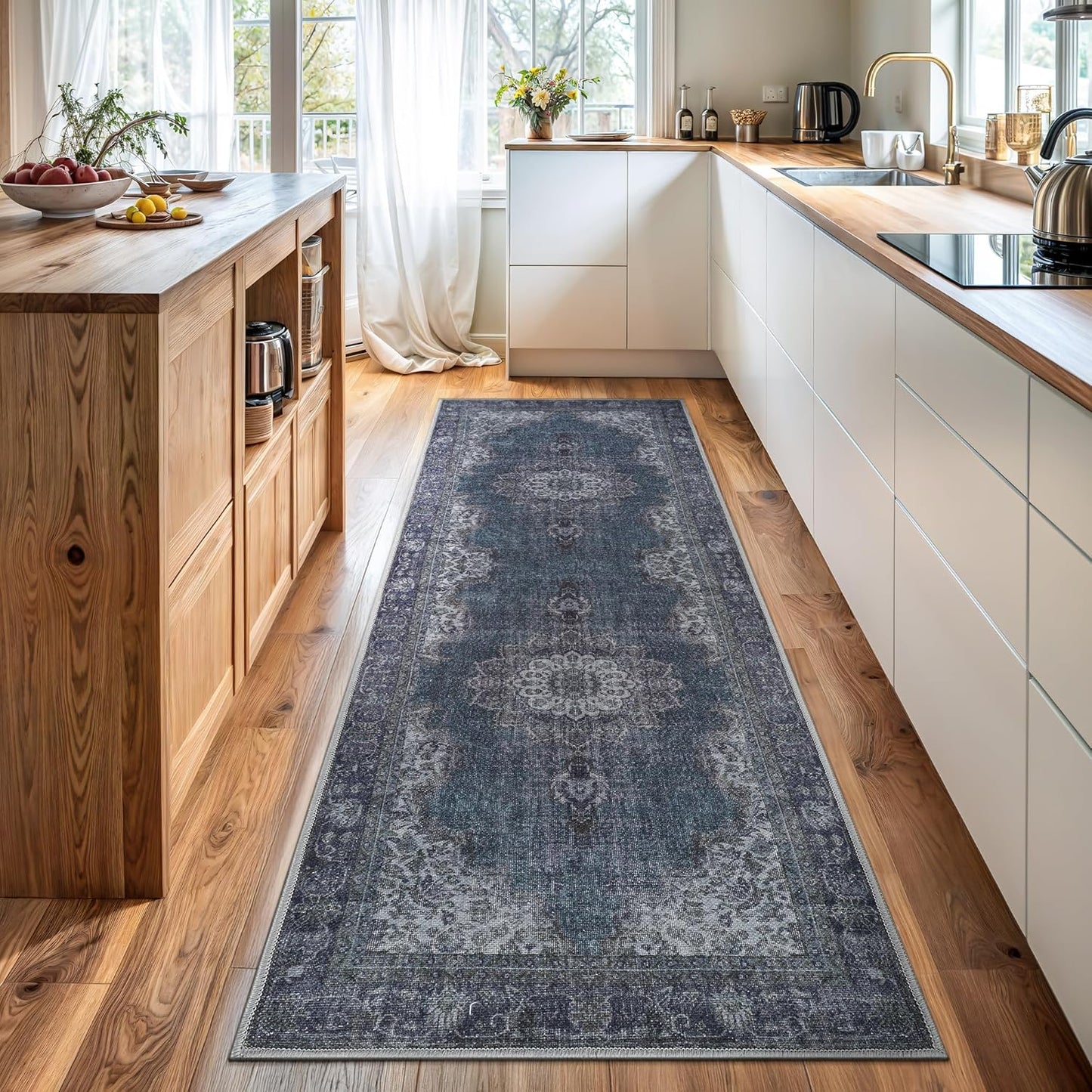 Bloom Rugs Washable Non-Slip 10 ft Runner - Dark Teal Traditional Medallion Runner for Entryway, Hallway, Bathroom, and Kitchen - Exact Size: 2.5' x 10'