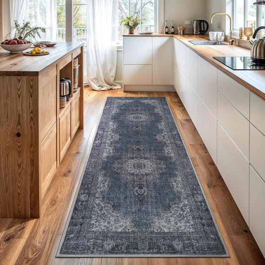 Bloom Rugs Washable Non-Slip 10 ft Runner - Dark Teal Traditional Medallion Runner for Entryway, Hallway, Bathroom, and Kitchen - Exact Size: 2.5' x 10'