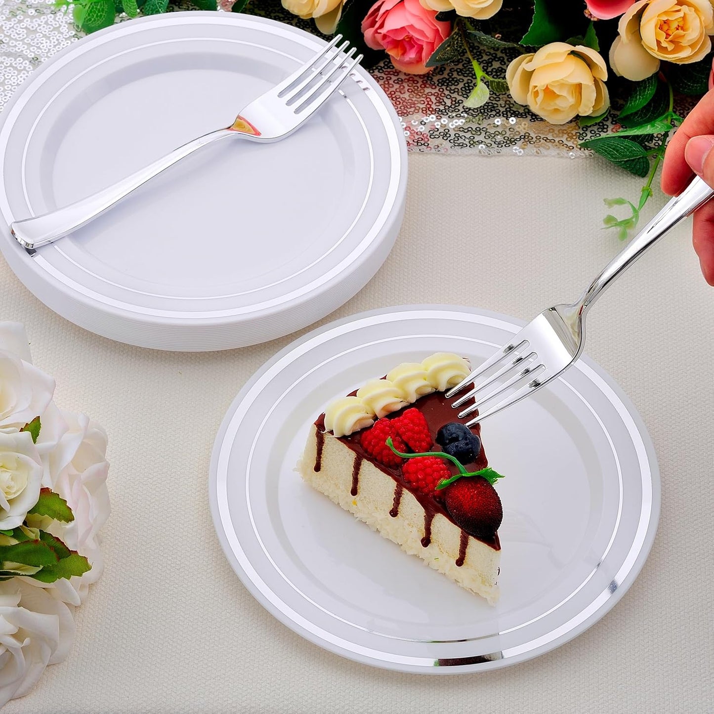 200pcs Silver Dessert Plates with Forks for 100 Guests-100pcs 7.5" Disposable Silver and White Small Plates with 100pcs 7.4" Forks-Cake/Appetizer/Salad Plate for Wedding,Birthday,Party
