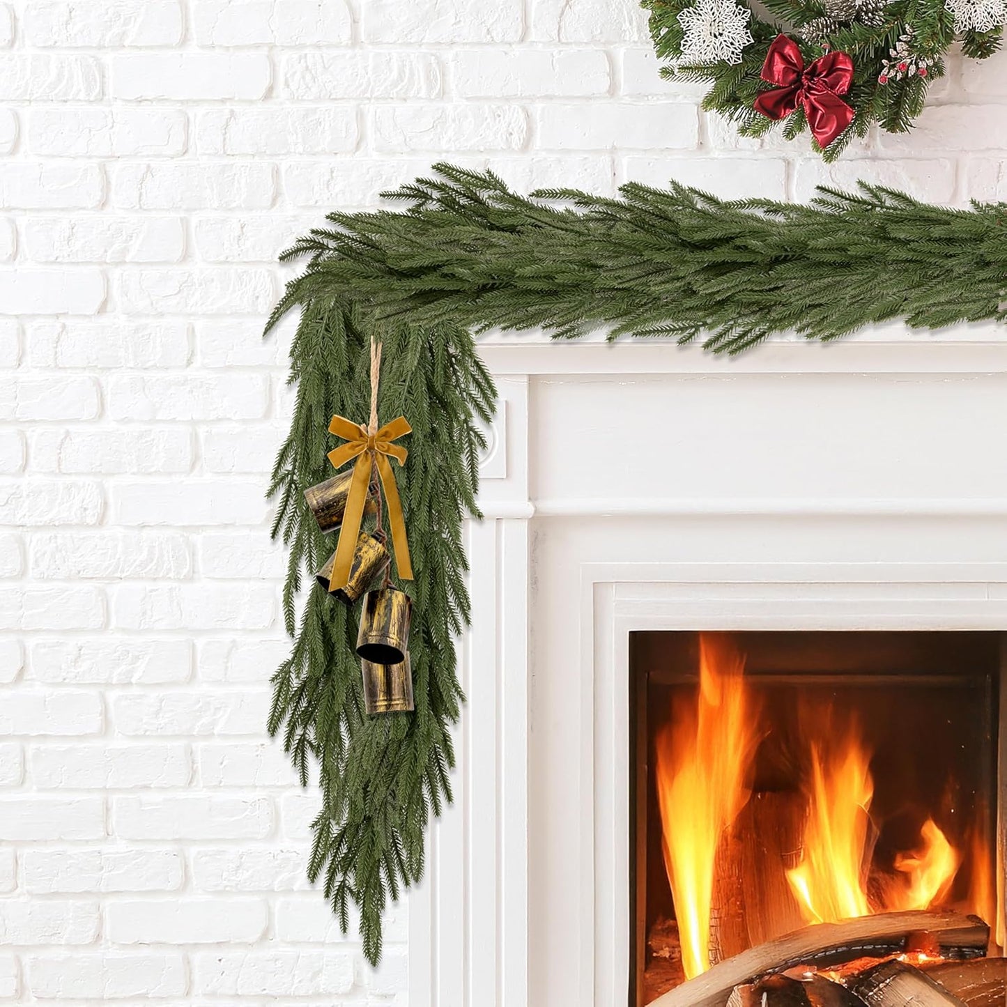 2 Pcs 6FT Christmas Garlands Norfolk Pine Garland - Real Touch Winter Pine Garland, Artificial Norfolk Tree for Indoor Outdoor Holiday Decor, Fireplace Mantel, Door, Porch (Yellow Bell)