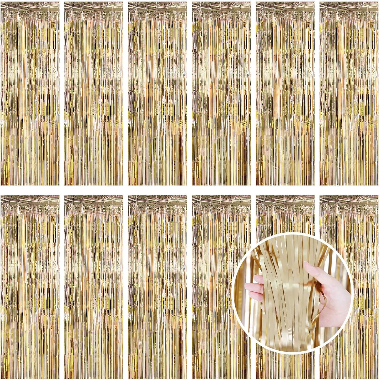 Champagne Gold Fringe Curtain Party Streamers, 12 Pack 3.3ft x 8.2ft Foil Curtain Backdrop Tinsel Foil Fringe Curtains Photo Booth Backdrop Streamer for Birthday, Wedding, Baby Shower, Disco Party