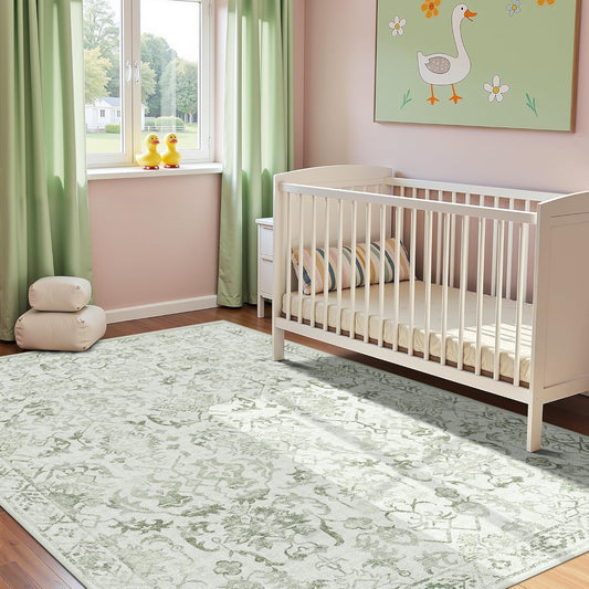 Sage Vintage Area Rug 4x6 for Living Room Bedroom, Washable Distressed Farmhouse Soft Thin Non-Shedding Indoor Throw Rug, Traditional Accent Carpet for Bedroom Office