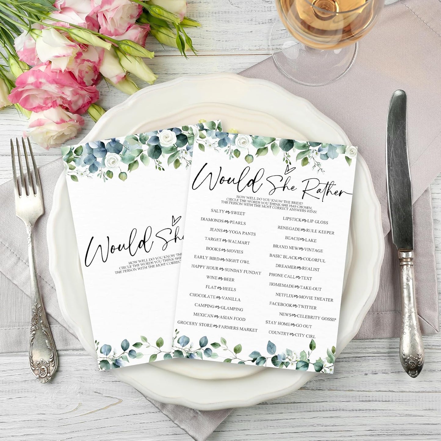 He Said She Said - Botanical Bridal Shower Game Cards - 50 Pcs Eucalyptus Leaves Game Cards - Funny Wedding Party Games for Bride & Groom - Activities for Bachelorette Party - A03