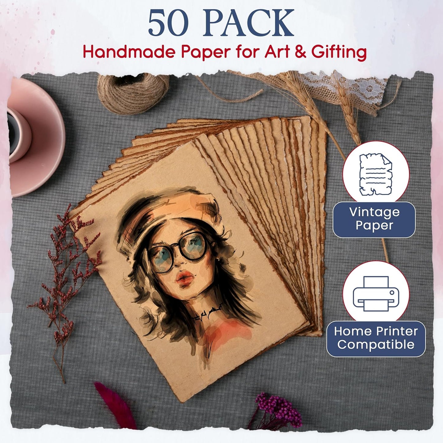 Wanderings Handmade Vintage Deckle Edge Blank Paper - 5.8x8.3 (A5) - A5 Package of 50 for Writers Invitations Crafts - Thick 150 GSM Recycled Paper