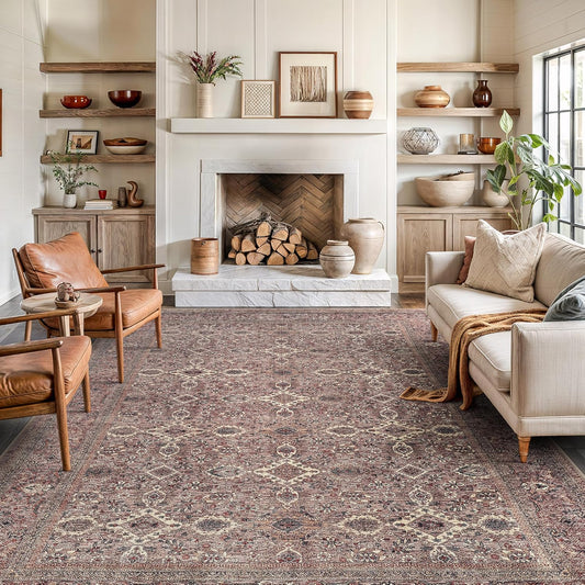 Bloom Rugs Washable Non-Slip 9' x 12' Rug - Beige Traditional Bordered Area Rug for Living Room, Bedroom, Dining Room, and Kitchen - Exact Size: 9' x 12'