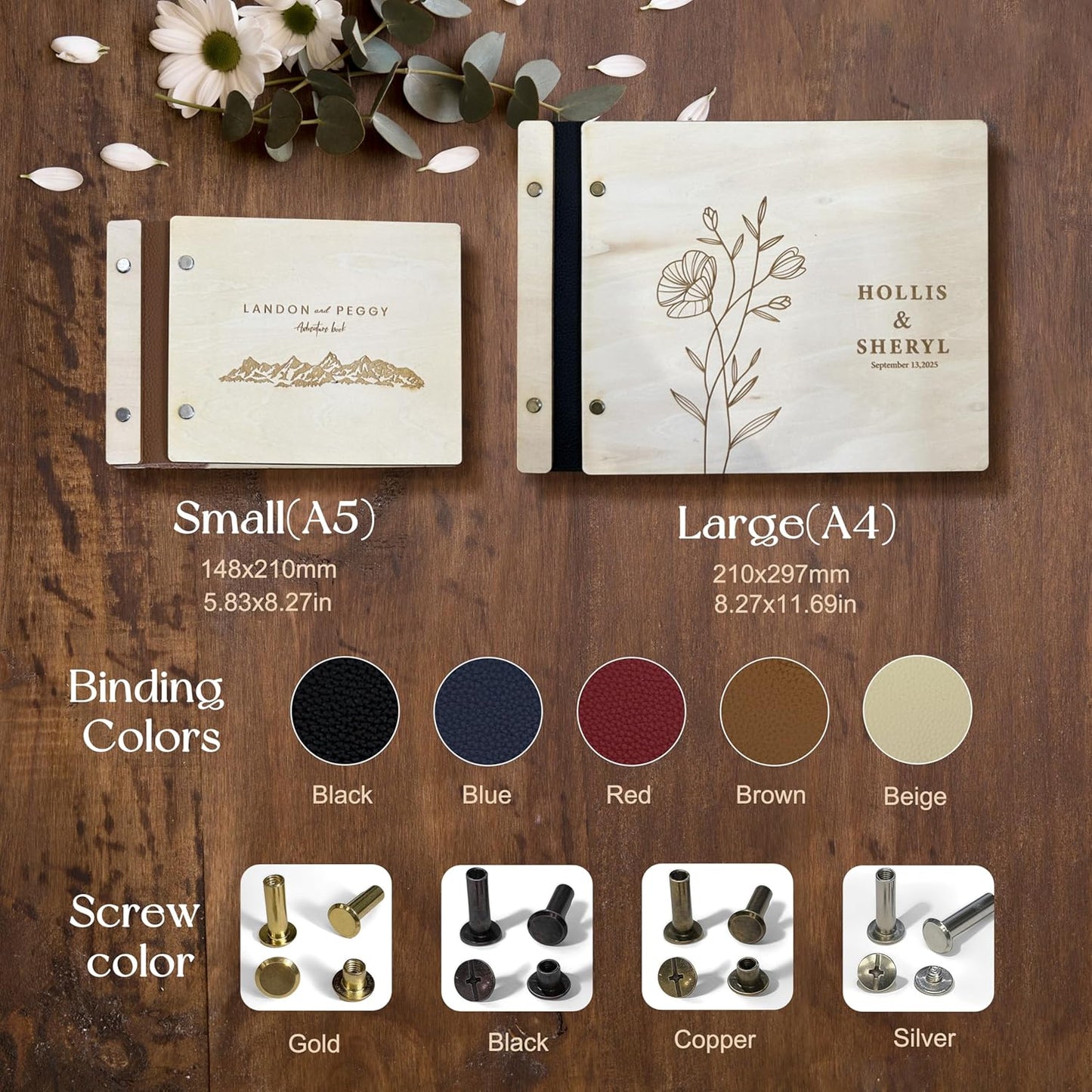 NBE Personalized Wooden Guest Book - Custom Wedding Sign-In Book with Burgundy Spine - Rustic Photo Album for Messages & Polaroids - Couples Keepsake Memory Gift (8.5x6 Inches)