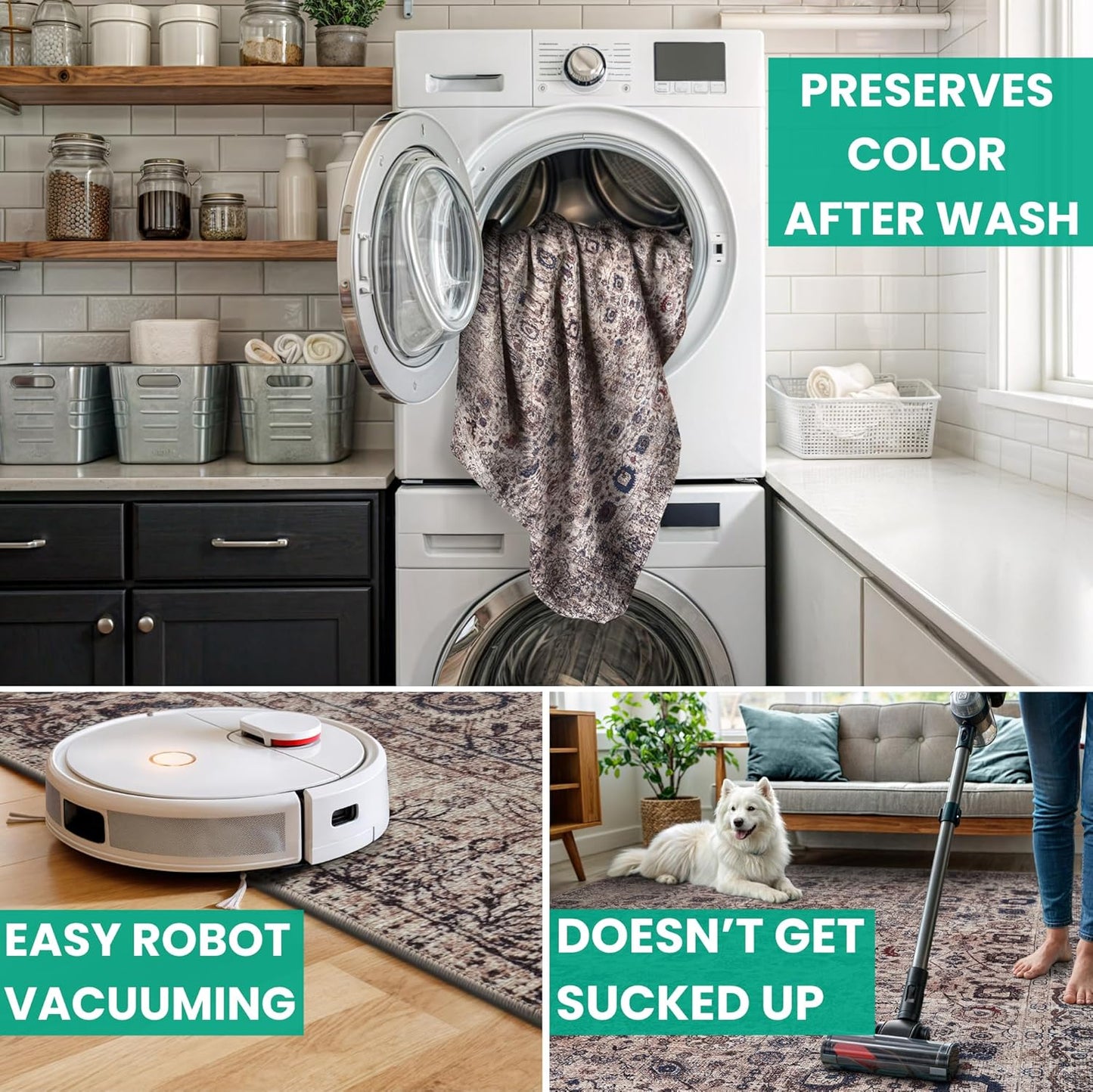 Bloom Rugs Washable Non-Slip 4' x 6' Rug - Light Tan/Blue Traditional Oriental Area Rug for Living Room, Bedroom, Dining Room, and Kitchen - Exact Size: 4' x 6'