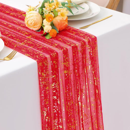 Snowkingdom 10FT Red Gold Table Runner, Sequin Glitter Sheer Chiffon Gauze Cheesecloth Runner 120 Inch, Red and Gold Party Decorations for Wedding Anniversary Birthday Graduation Christmas Holiday