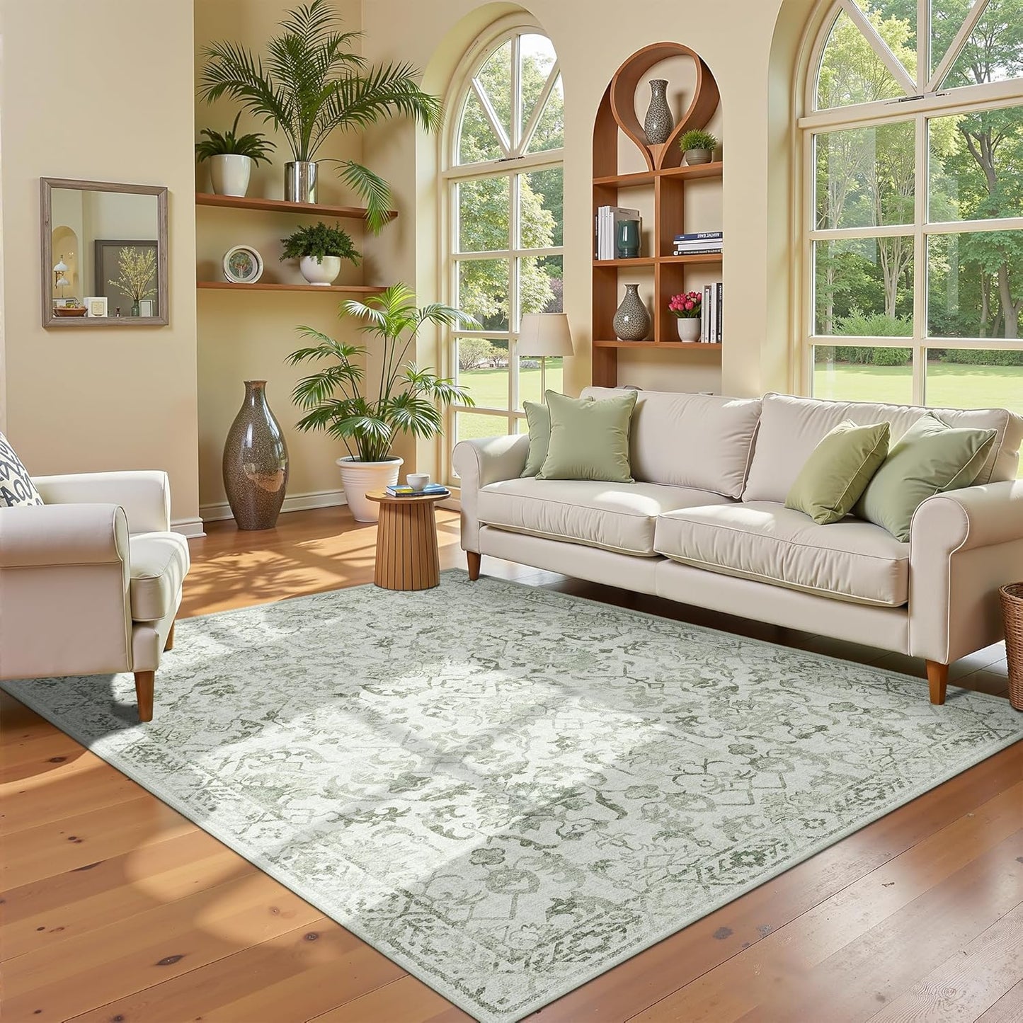 Sage Vintage Area Rug 3x5 for Living Room Bedroom, Washable Distressed Farmhouse Soft Thin Non-Shedding Indoor Throw Rug, Traditional Accent Carpet for Bedroom Office