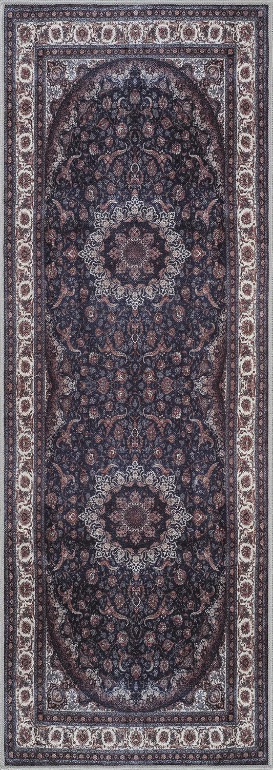 Bloom Rugs Washable Non-Slip 10 ft Runner - Navy Traditional Medallion Runner for Entryway, Hallway, Bathroom, and Kitchen - Exact Size: 2.5' x 10'