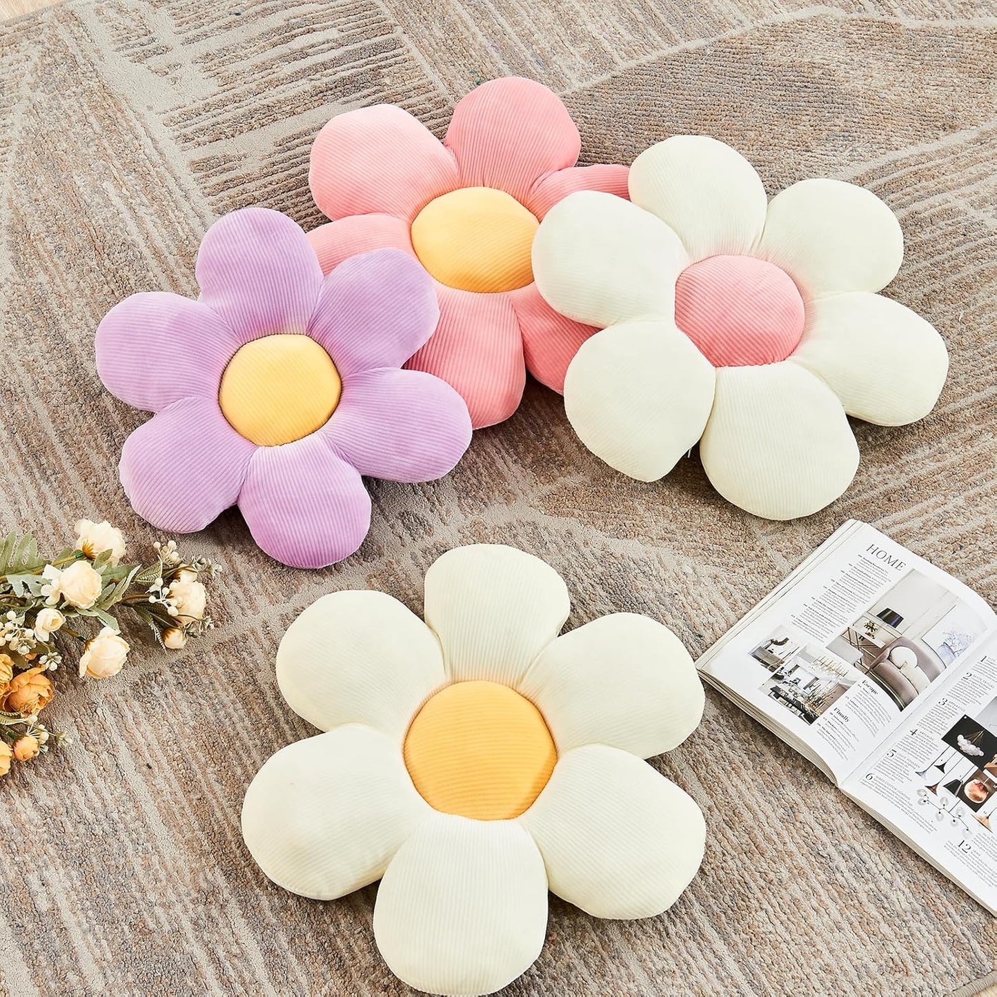 White Yellow Flower Pillow, 19.6" Cute Flower Shaped Floor Pillow, Aesthetic Floral Plush Daisy Decorative Throw Pillows for Bed Sofa Couch