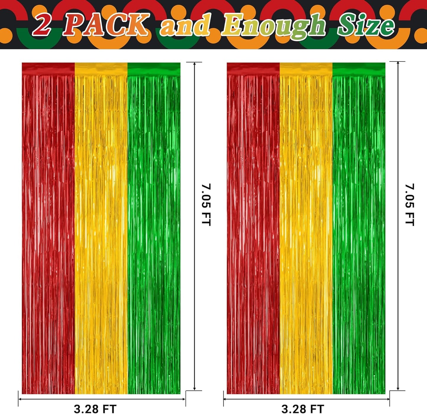 2 Pack Black History Month Decorations, 3.28 FT x 7.05 FT Backdrop Curtains, Red Yellow Green Color Tinsel Backdrop Fringe Curtains Party Streamer, Black History Month Door Decor