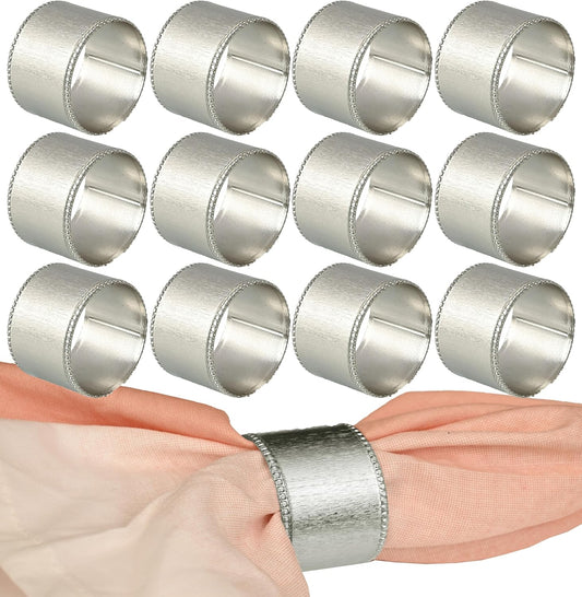 12 Pack Decorative Napkin Ring - Heavy Duty Metal Round Napkin Holders, Silver Electroplated Finish with Beaded Edge, Vintage Rustic Metal Napkin Rings for Dining, Weddings,Holidays - CLEENTABLE