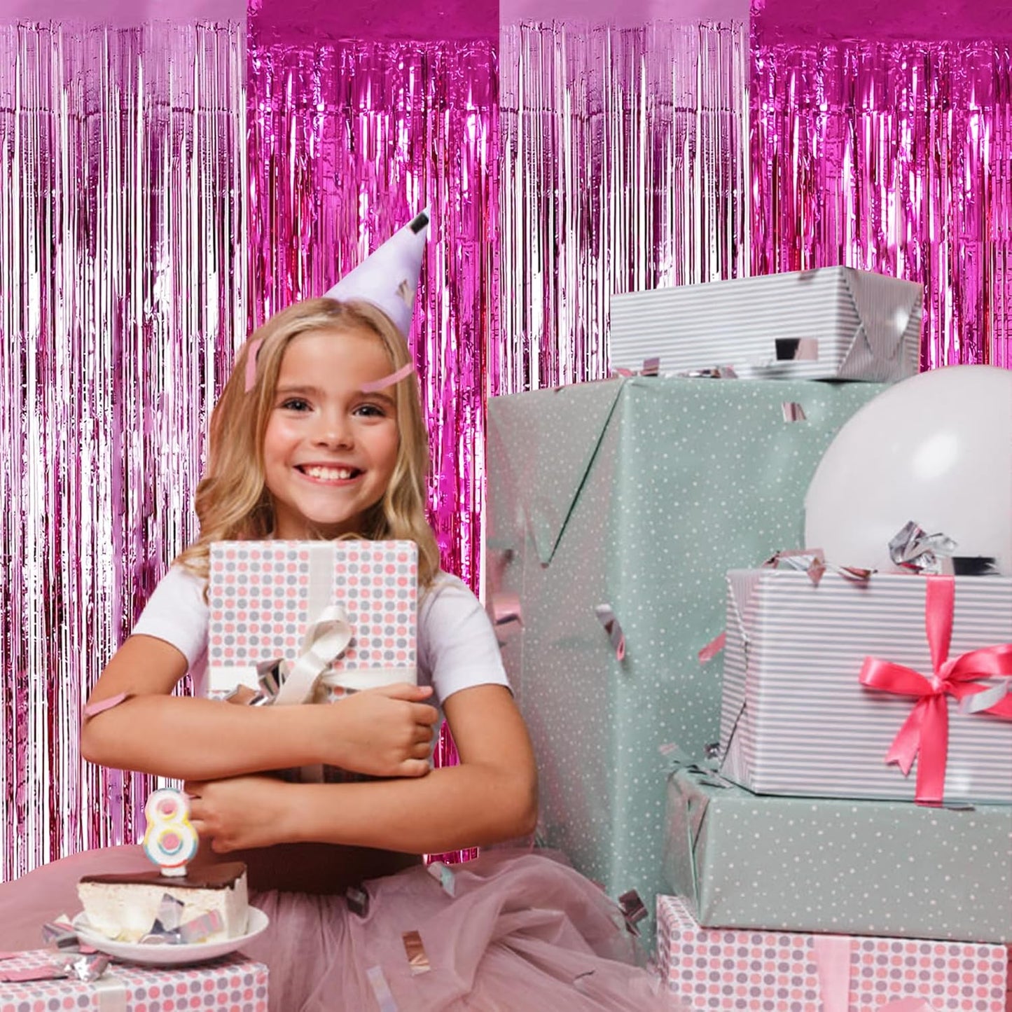 BEISHIDA 2Pcs Hot Pink Pink Door Streamer Hot Pink Backdrop Foil Fringe Tinsel Girls Hot Girls Curtains Backdrops for Birthday Baby Shower Gender Reveal Party Decoration (3.28 ft x 6.56 ft)