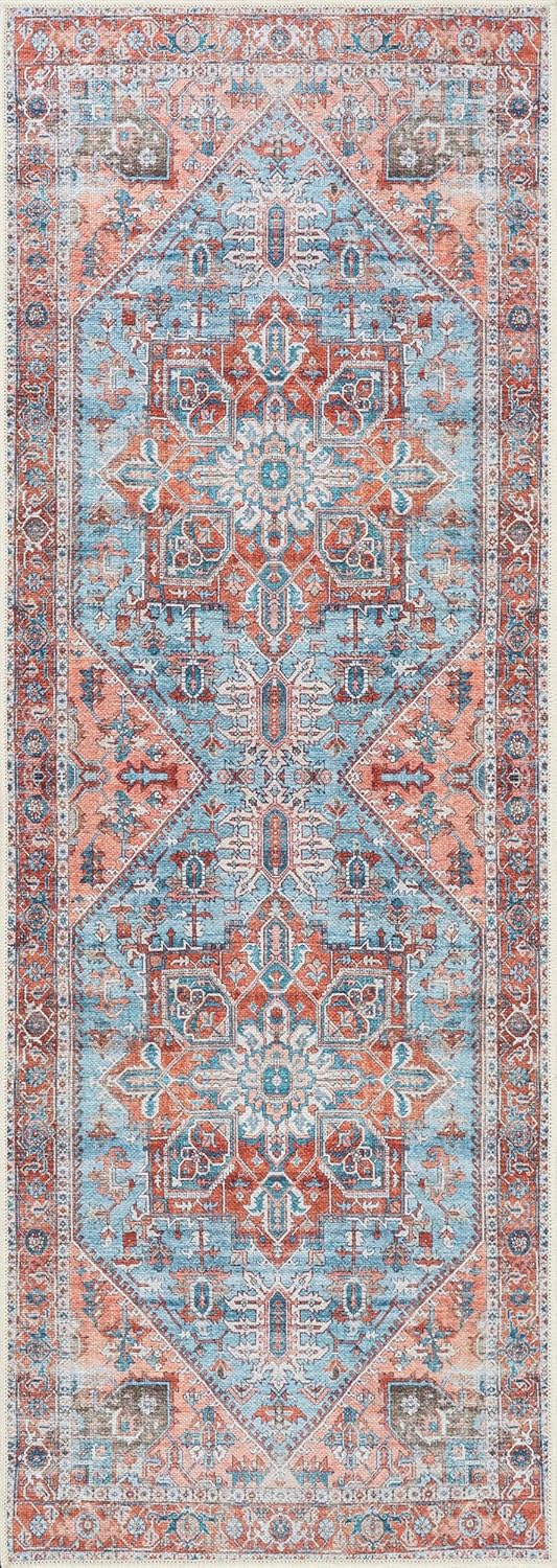 Bloom Rugs Washable Non-Slip 12 ft Runner - Coral/Sky Blue Traditional Medallion Runner for Entryway, Hallway, Bathroom, and Kitchen - Exact Size: 2.5' x 12'