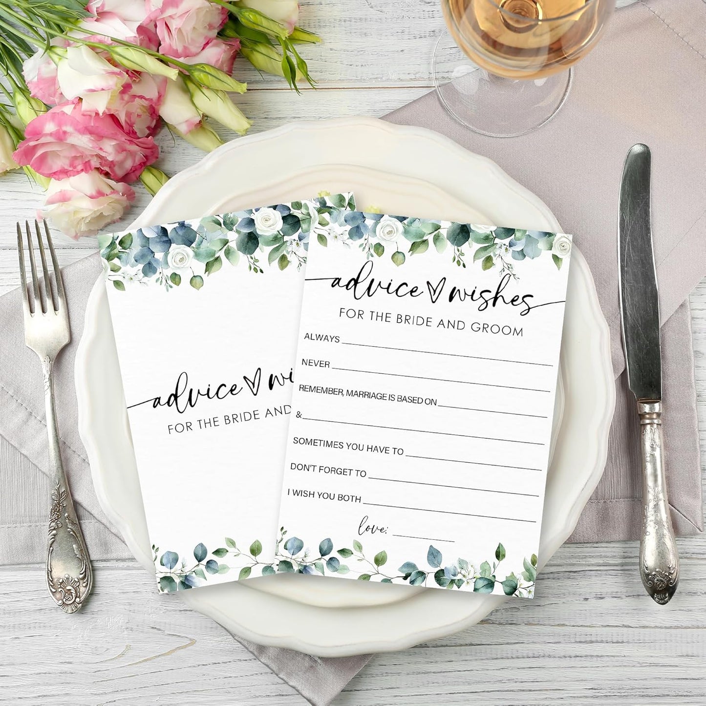 Advice & Wishes - Botanical Bridal Shower Game Cards - 50 Pcs Eucalyptus Leaves Game Cards - Funny Wedding Party Games for Bride & Groom - Activities for Bachelorette Party - A02