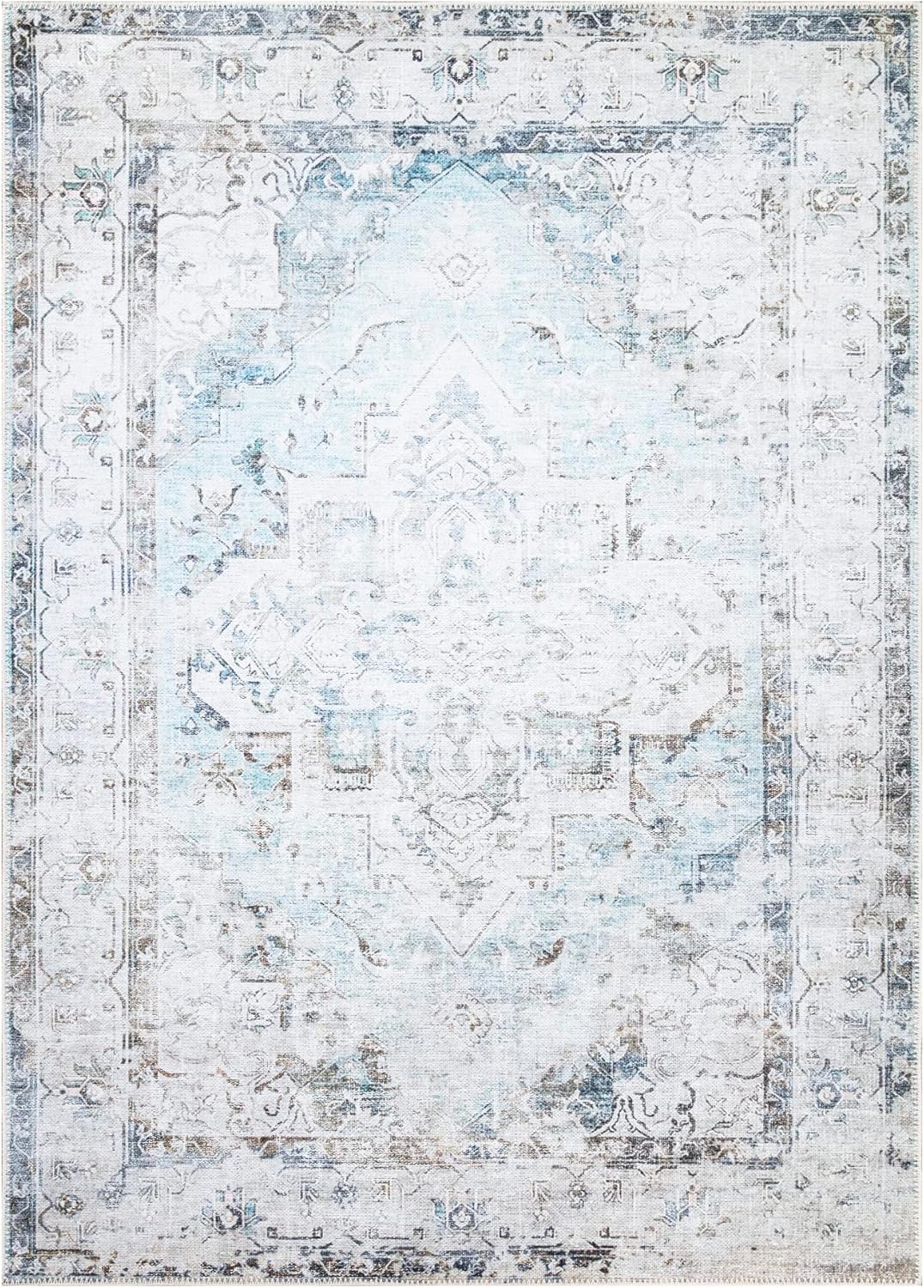 Bloom Rugs Washable Non-Slip 4' x 6' Rug - Beige/Blue Traditional Area Rug for Living Room, Bedroom, Dining Room, and Kitchen - Exact Size: 4' x 6'