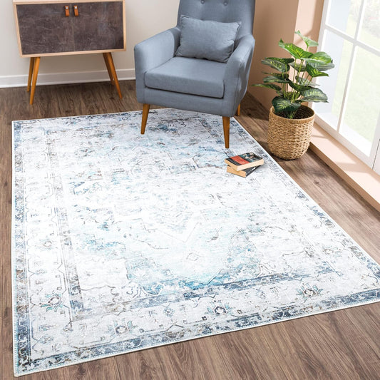 Bloom Rugs Washable Non-Slip 4' x 6' Rug - Beige/Blue Traditional Area Rug for Living Room, Bedroom, Dining Room, and Kitchen - Exact Size: 4' x 6'