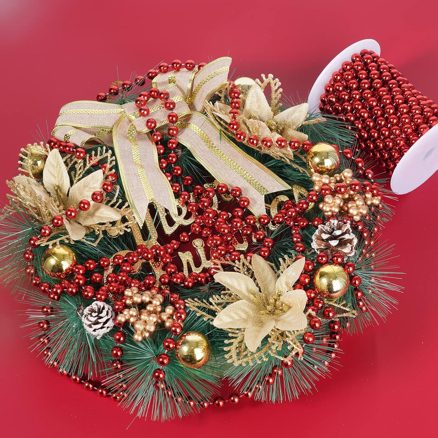 Faux Red Pearl Beads Garland - 10mm Christmas Tree Beads, 11 Yards Red Pearl Strands Spool for Wedding Party & Christmas Tree Decoration