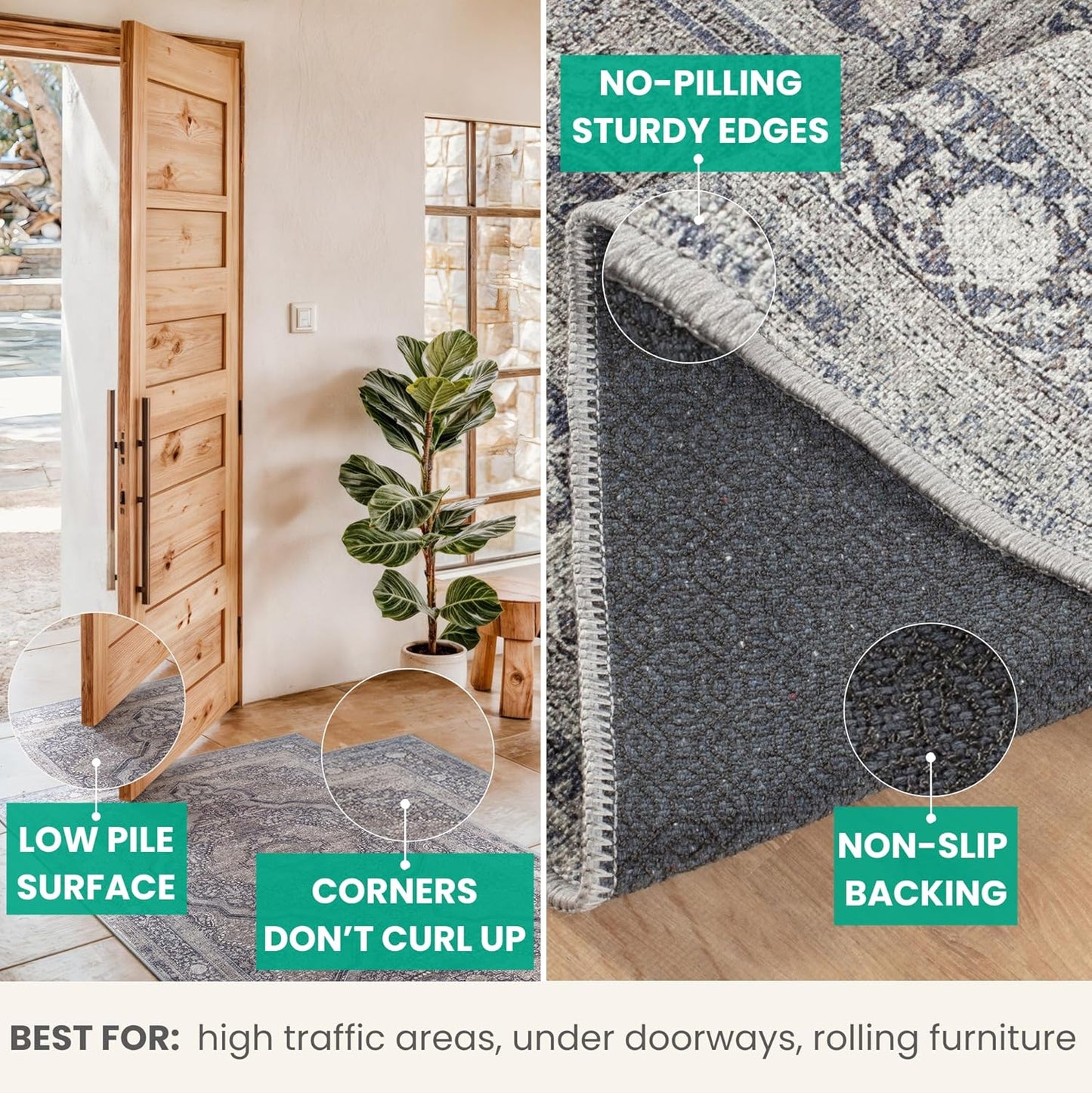 Bloom Rugs Washable Non-Slip 6' x 9' Rug - Blue/Steel Gray/Beige Traditional Medallion Area Rug for Living Room, Bedroom, Dining Room, and Kitchen - Exact Size: 6' x 9'