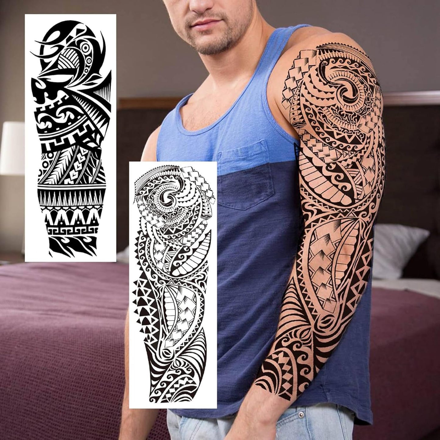 20 Sheets Black Tribal Wolf Tiger Lion Temporary Tattoo Sleeve For Men Adults, 3D Halloween Prison Gothic Maori Sleeve Tattoos For Women, Fake Full Arm Sleeve Tattoo Stickers Skull Skeleton