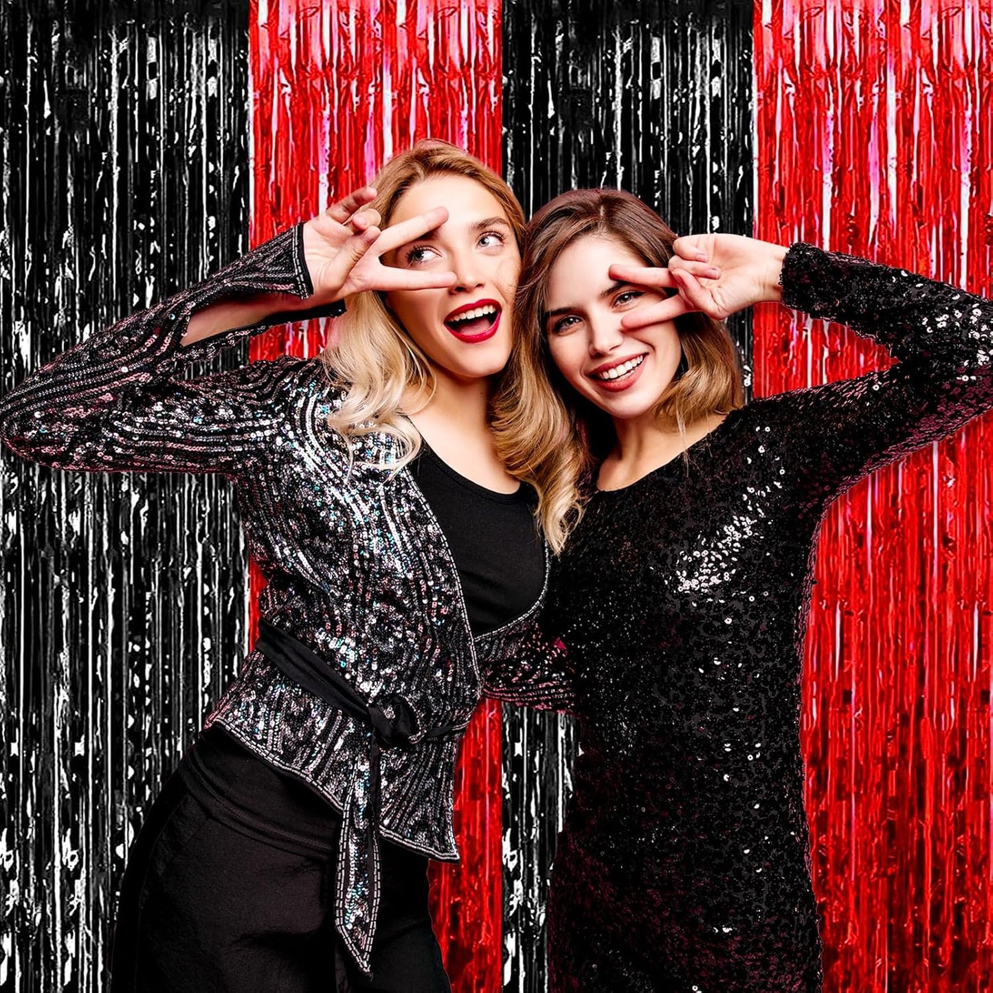 3 Pack Black Red Foil Fringe Curtain Backdrop, 3.28Ft x 8.2Ft Metallic Tinsel Foil Fringe Streamer Curtains for Photo Booth, Christmas Day, New Year, Wedding Party Decorations