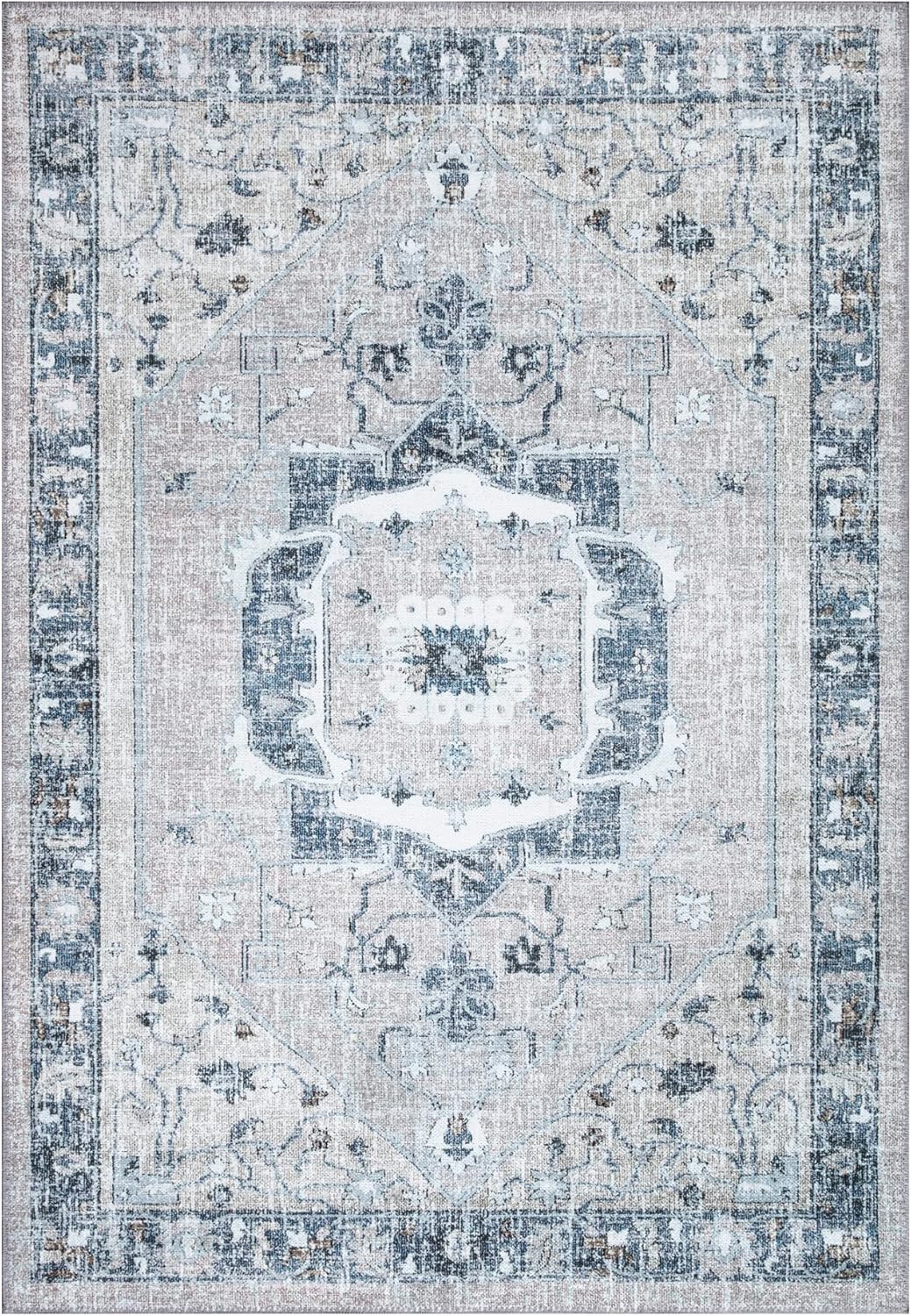 Bloom Rugs Washable Non-Slip 4' x 6' Rug - Pebble Gray/Blue Traditional Medallion Area Rug for Living Room, Bedroom, Dining Room, and Kitchen - Exact Size: 4' x 6'