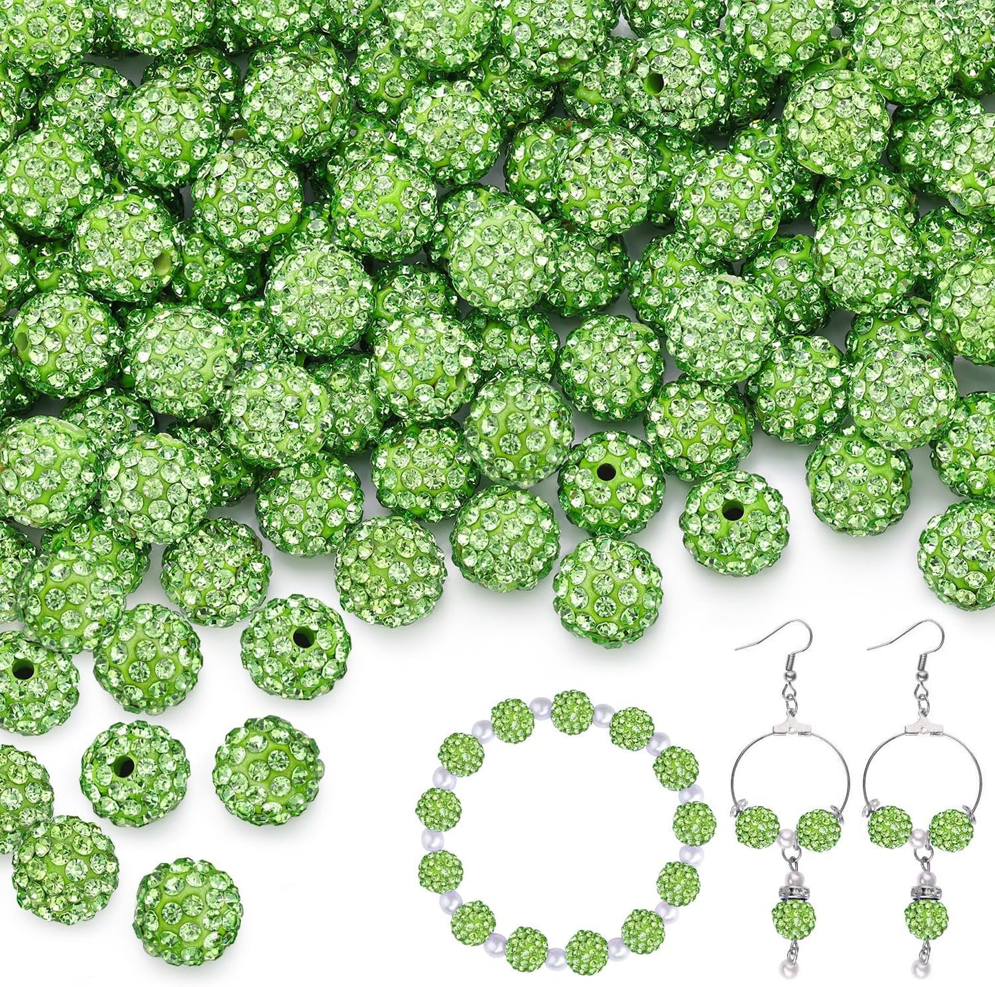 150 pcs 10mm Rhinestone Beads for Jewelry Making, Light Green Shiny Round Shamballa Disco Beads Bulk, Sparkle Crystal Clay Christmas for Bracelet Baseball Necklace Earring Crafting and DIY