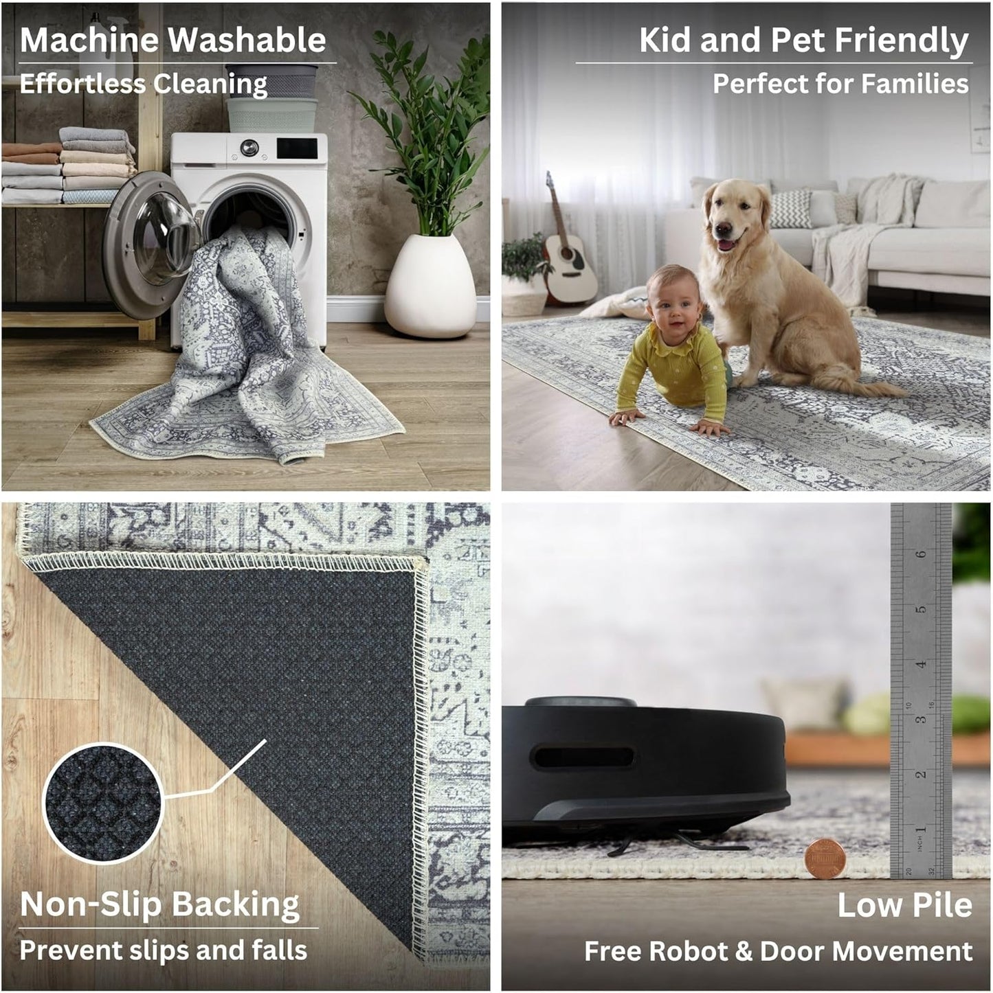 Bloom Rugs Washable Non-Slip 7 ft Runner - Charcoal Blue Traditional Medallion Runner for Entryway, Hallway, Bathroom, and Kitchen - Exact Size: 2.5' x 7'