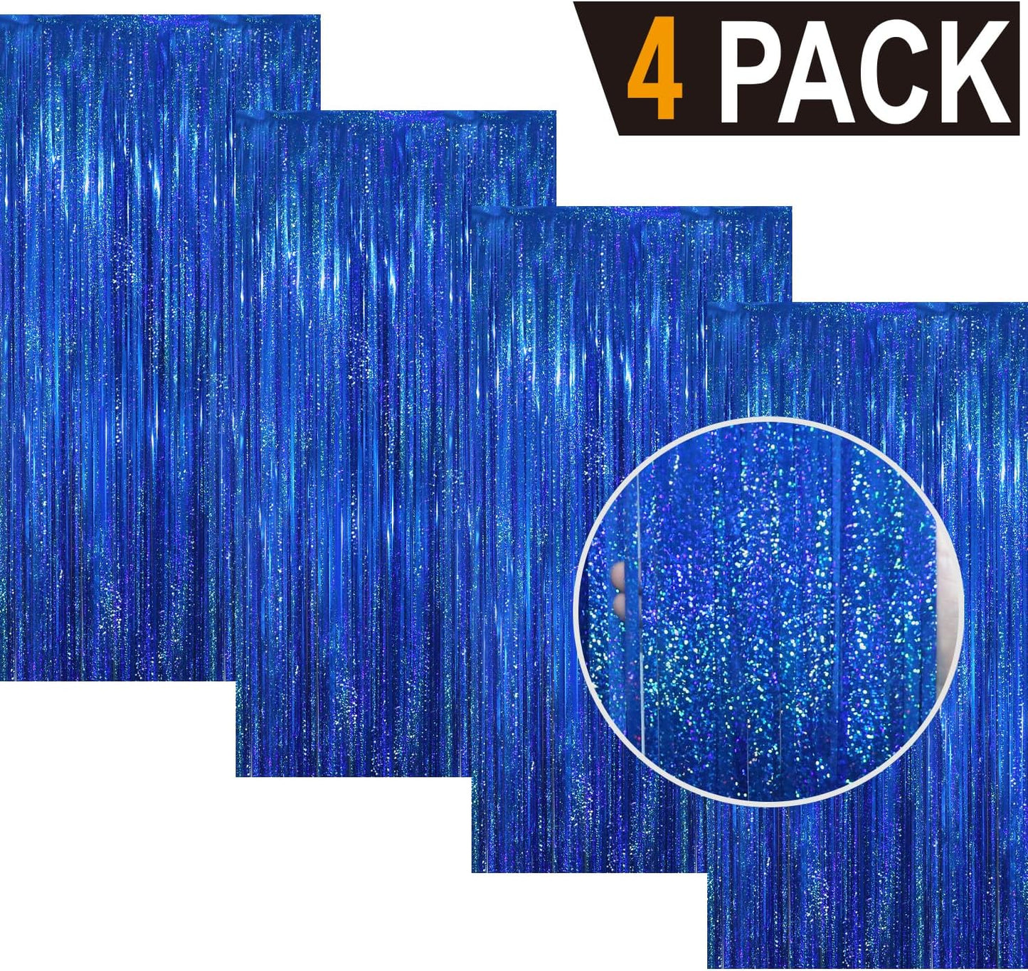 GOER 3.2 ft x 8.2 ft Metallic Tinsel Foil Fringe Curtains Party Photo Backdrop Party Streamers for Birthday,Graduation,New Year Eve Decorations Wedding Decor(4 Packs,Shiny Blue)