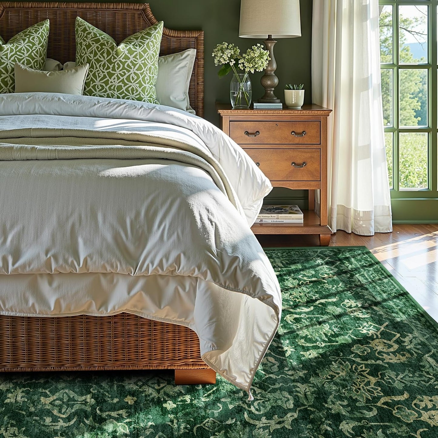 Dark Green Area Rugs 7x9 for Bedroom Nursery, Machine Washable Vintage Rugs, Distressed Living Room Non Slip Rugs for Living Room Carpet Green Area Rug for Dining