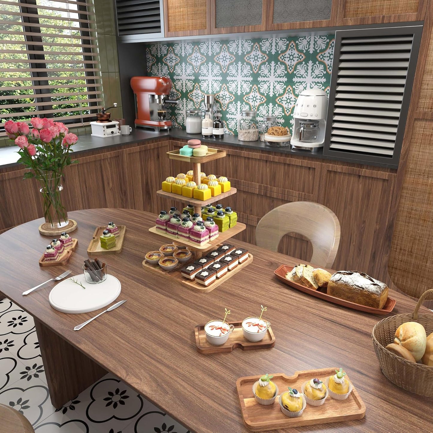 Acacia Wood 4 Tier Cupcake Stand with 4 Removable Snack Tray, Rustic Square Cup Cake Tower Stand for 50 Cupcakes, Display Cakestand for Wedding, Birthday, Serving Tea Party, Natural