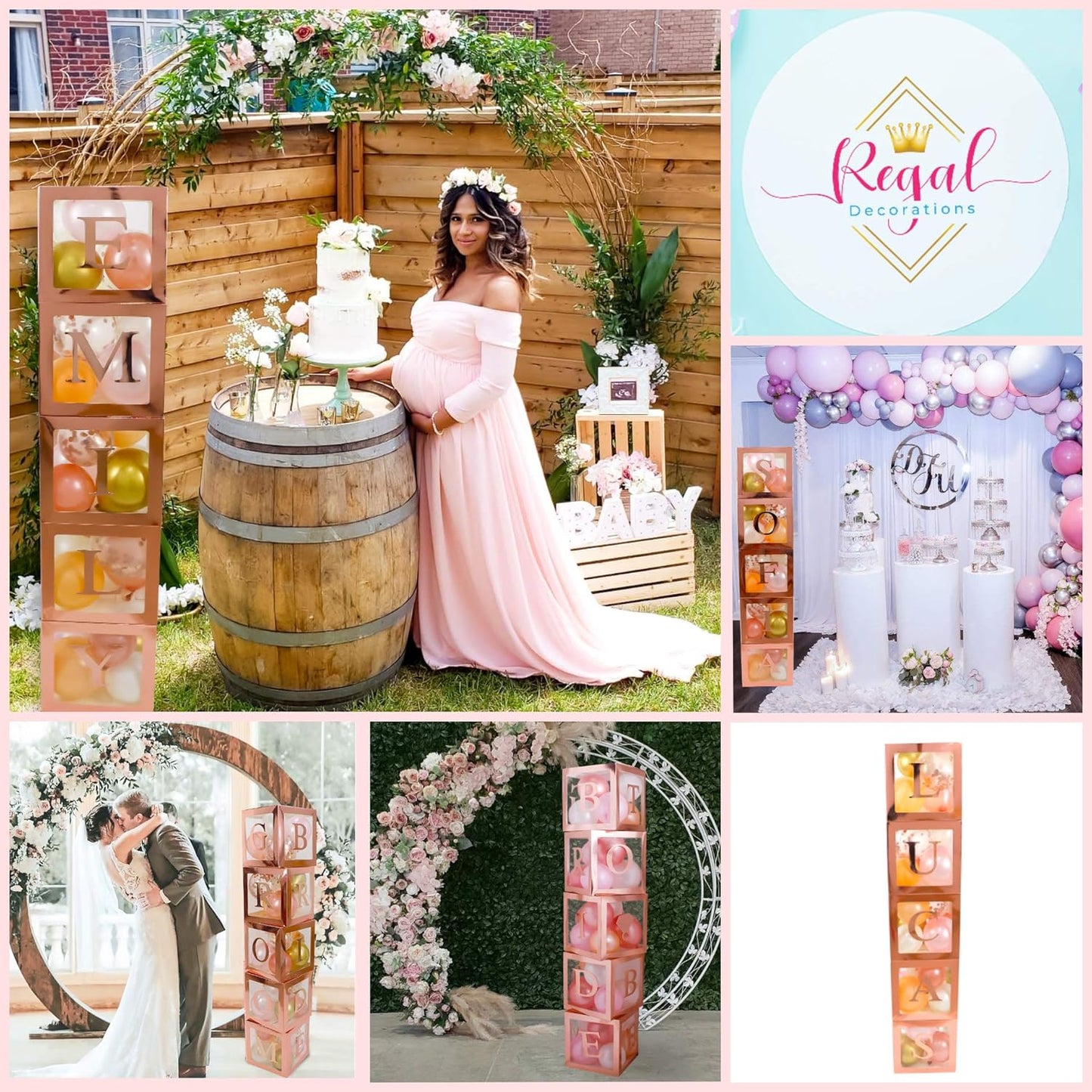 96 PC Bridal Shower Decorations Balloon Boxes Rose Gold - Transparent Block with BRIDE TO BE + GROOM + A - Z Letters and 40 Balloons- Engagement Bachelorette Parties Weddings Centerpieces Photo Booth