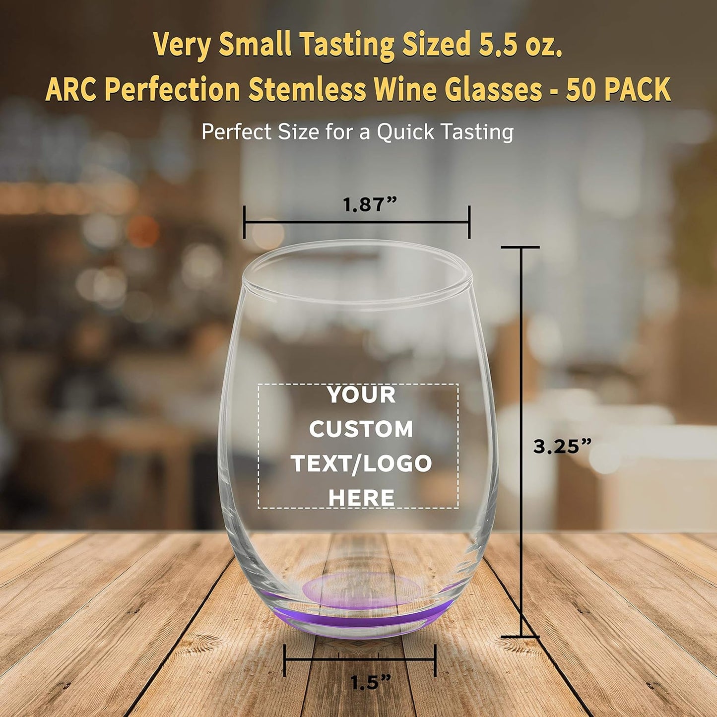 Custom Stemless Wine Glasses by ARC 5.5 oz. Set of 50, Personalized Bulk Pack - Perfect for Hotel, Bar, Restaurant or Lounge - Purple