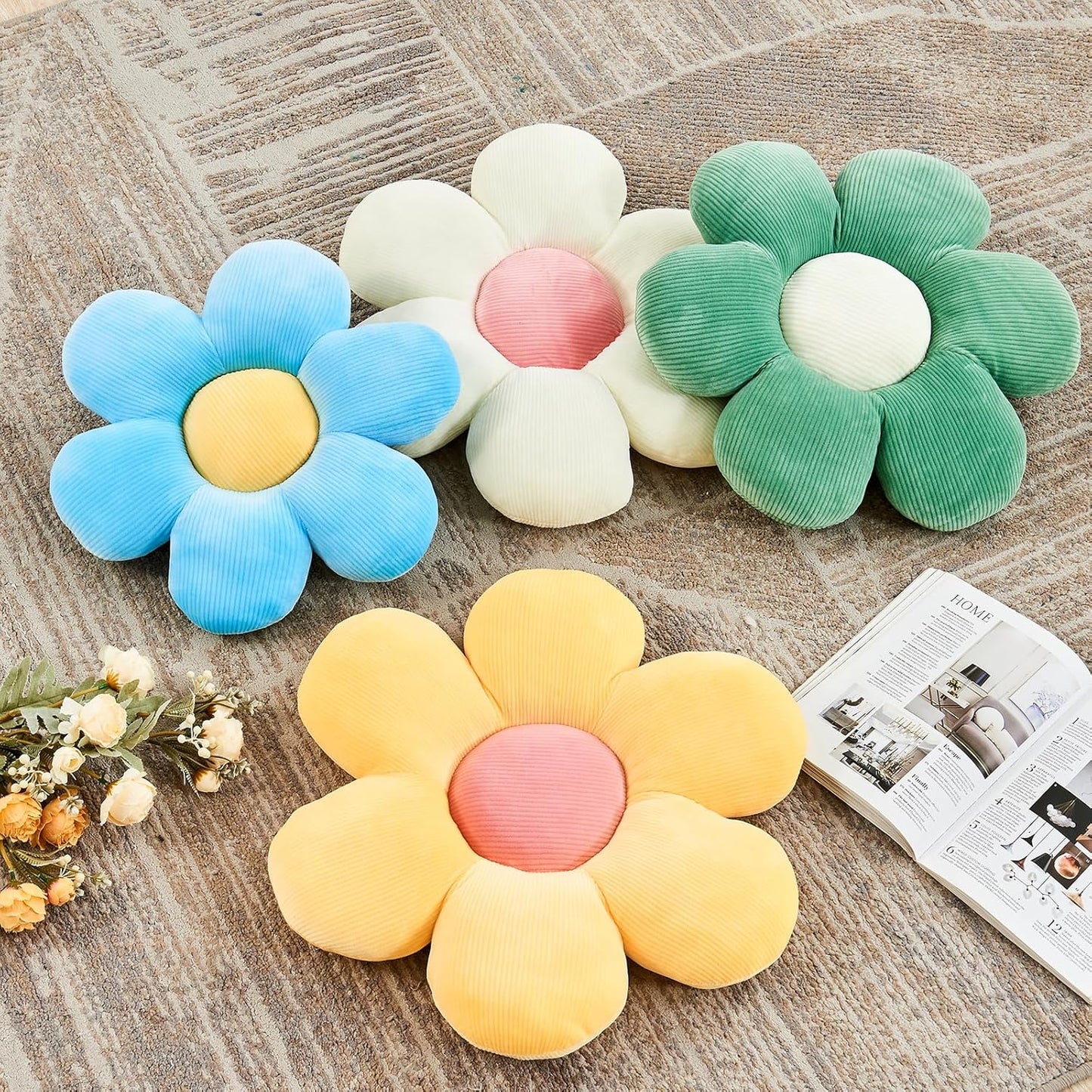 White Pink Flower Pillow, 19.6" Cute Flower Shaped Floor Pillow, Aesthetic Floral Plush Daisy Decorative Throw Pillows for Bed Sofa Couch