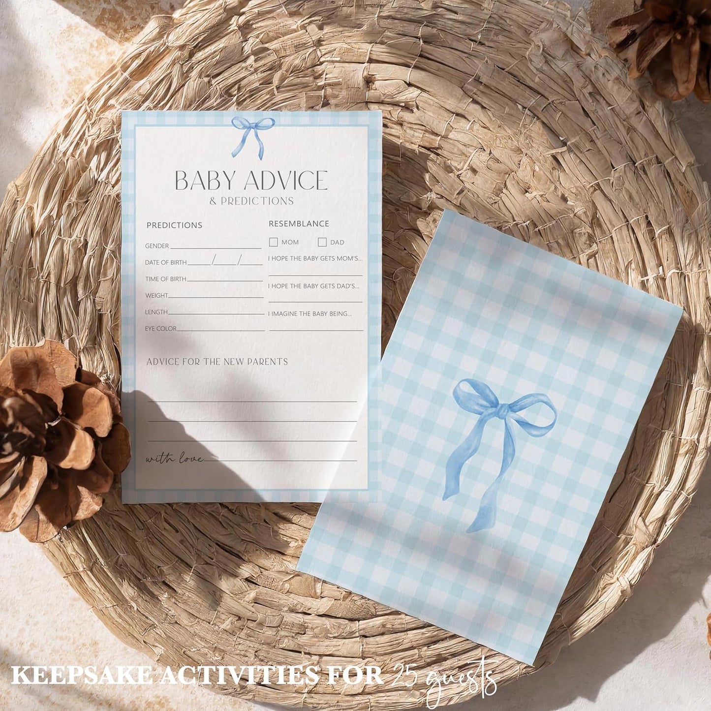 Advice For New Parents Baby Shower, Baby Predictions & Advice Cards For Baby Shower Games Activities, Wishes for Baby, 25 Double-Sided Thick Cards – Blue Bow A01