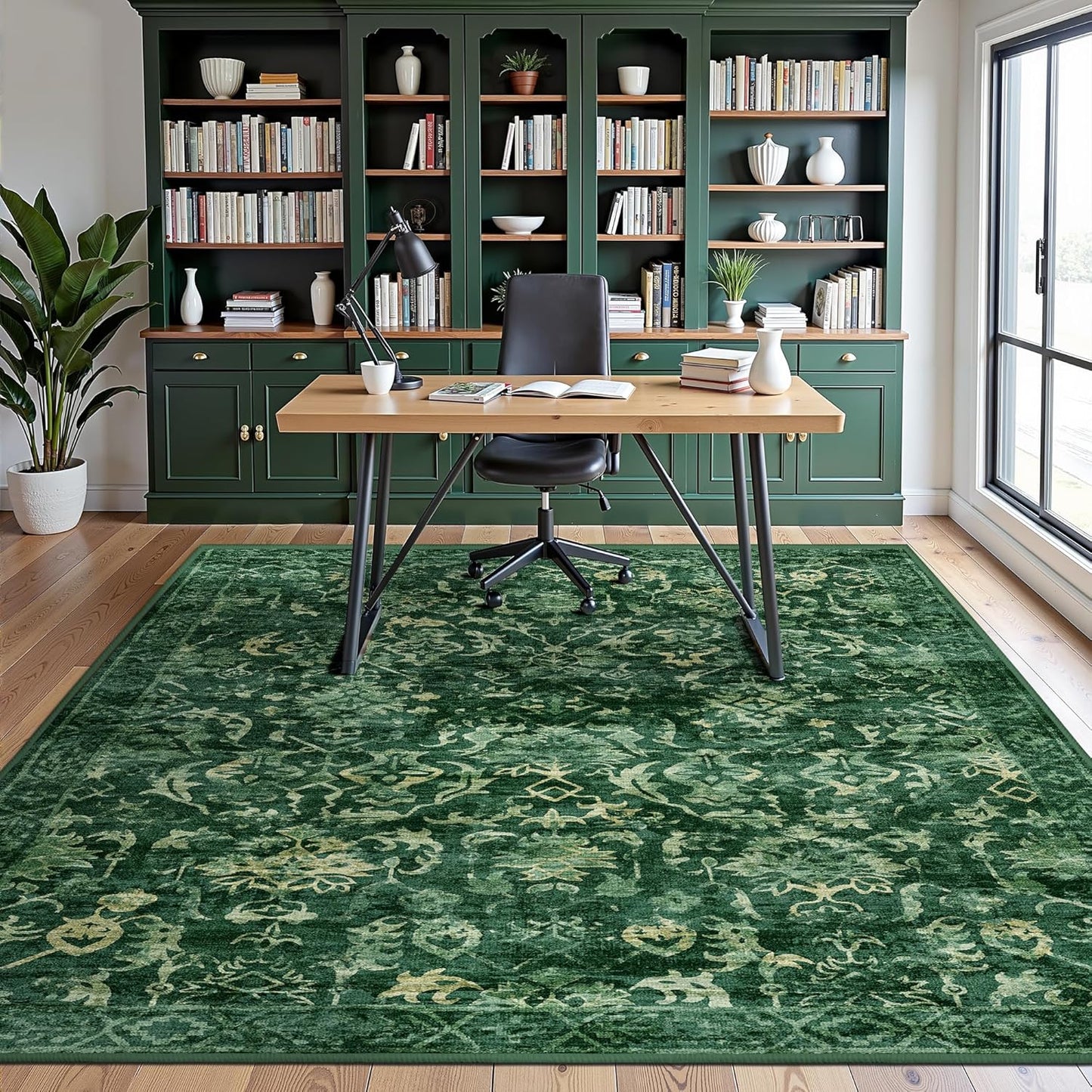 Dark Green Area Rugs 6x9 for Living Room, Washable Vintage Rugs for Bedroom, Distressed Throw Rug, Non Slip Rug Carpet for Bedroom Dining