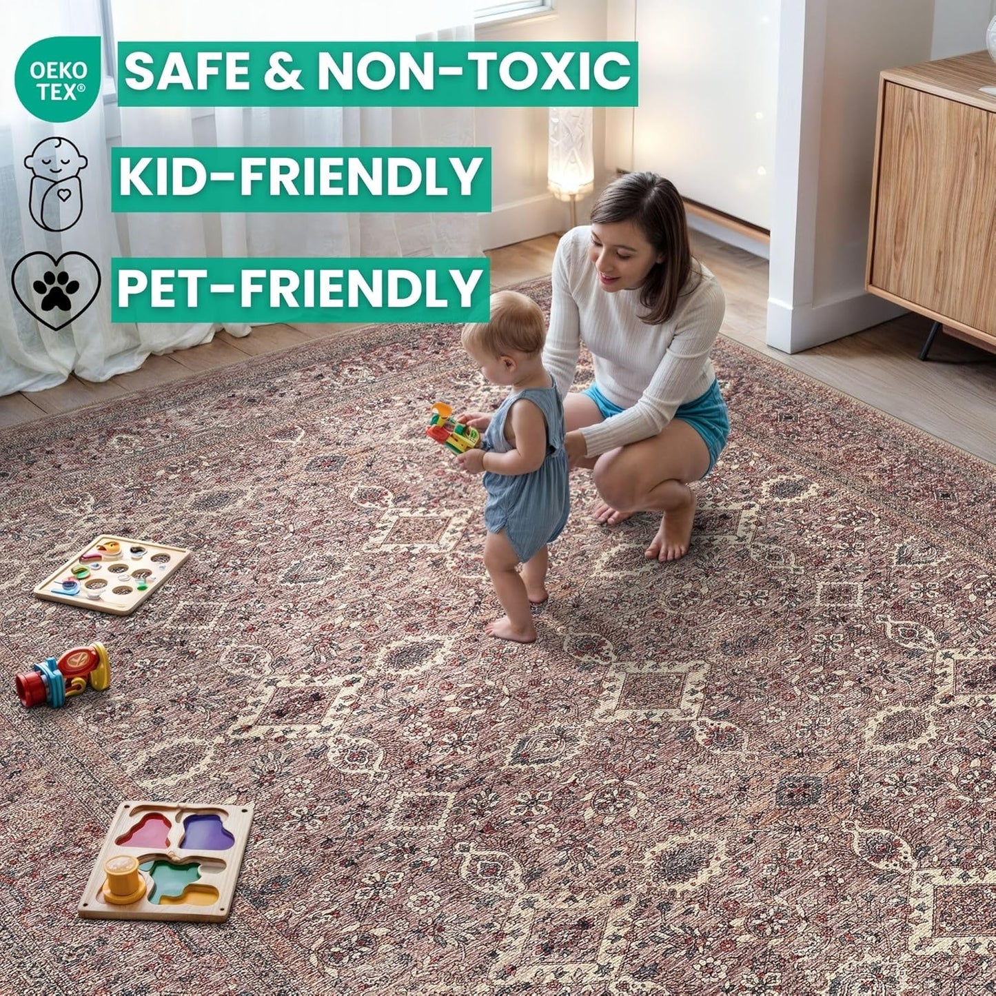 Bloom Rugs Washable Non-Slip 6' x 9' Rug - Beige Traditional Bordered Area Rug for Living Room, Bedroom, Dining Room, and Kitchen - Exact Size: 6' x 9'