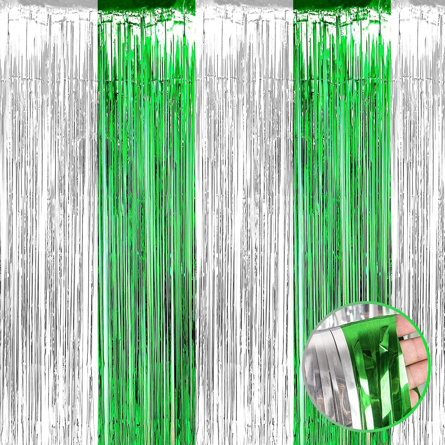 4 Pack Silver Green Foil Fringe Curtain Backdrop, 3.28Ft x 9.8Ft Metallic Tinsel Foil Fringe Streamers Curtains for Photo Booth, Wedding, Mardi Gras, Birthday Carnival St Patrick Day Party Decoration