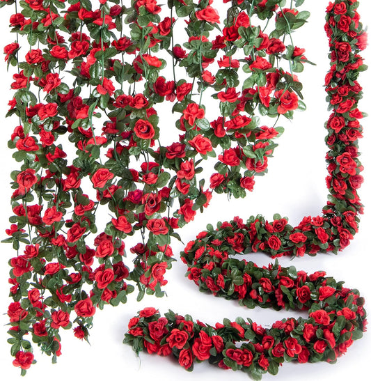 8 Pcs x 8.2 ft Flower Garland Artificial Rose Vine Flowers with Green Leaves Hanging Fake Roses Vine for Room Party Home Wedding Birthday Christmas Wall Arch Decor, Spring Red Flower