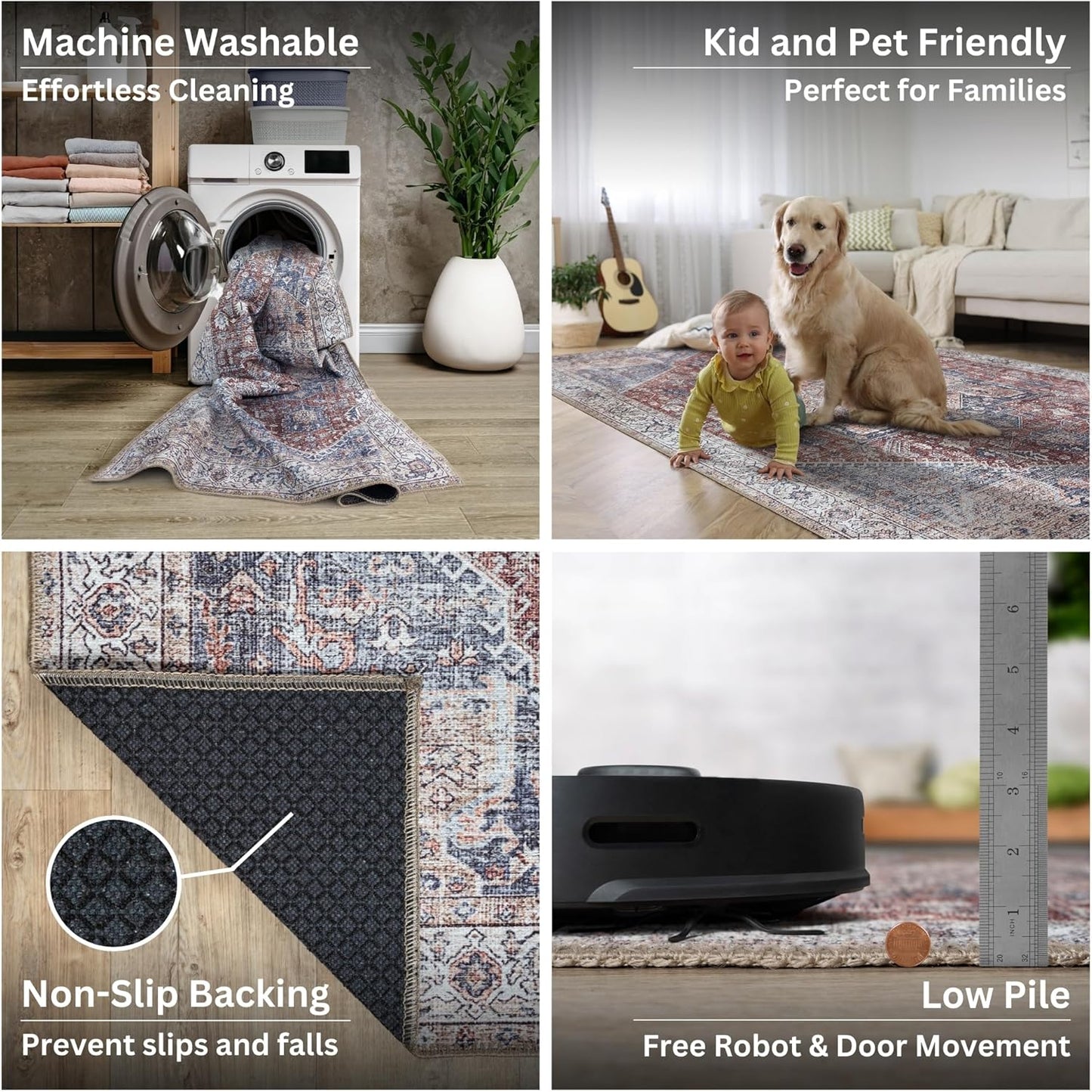 Bloom Rugs Washable Non-Slip 5' x 7' Rug - Red/Blue Traditional Medallion Area Rug for Living Room, Bedroom, Dining Room, and Kitchen - Exact Size: 5' x 7'