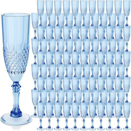 Plastic Champagne Flutes, 100PCS Blue Champagne Glasses Shatterproof Reusable Flute for Weddings Bachelor Parties Toasting and Events(100, Blue)