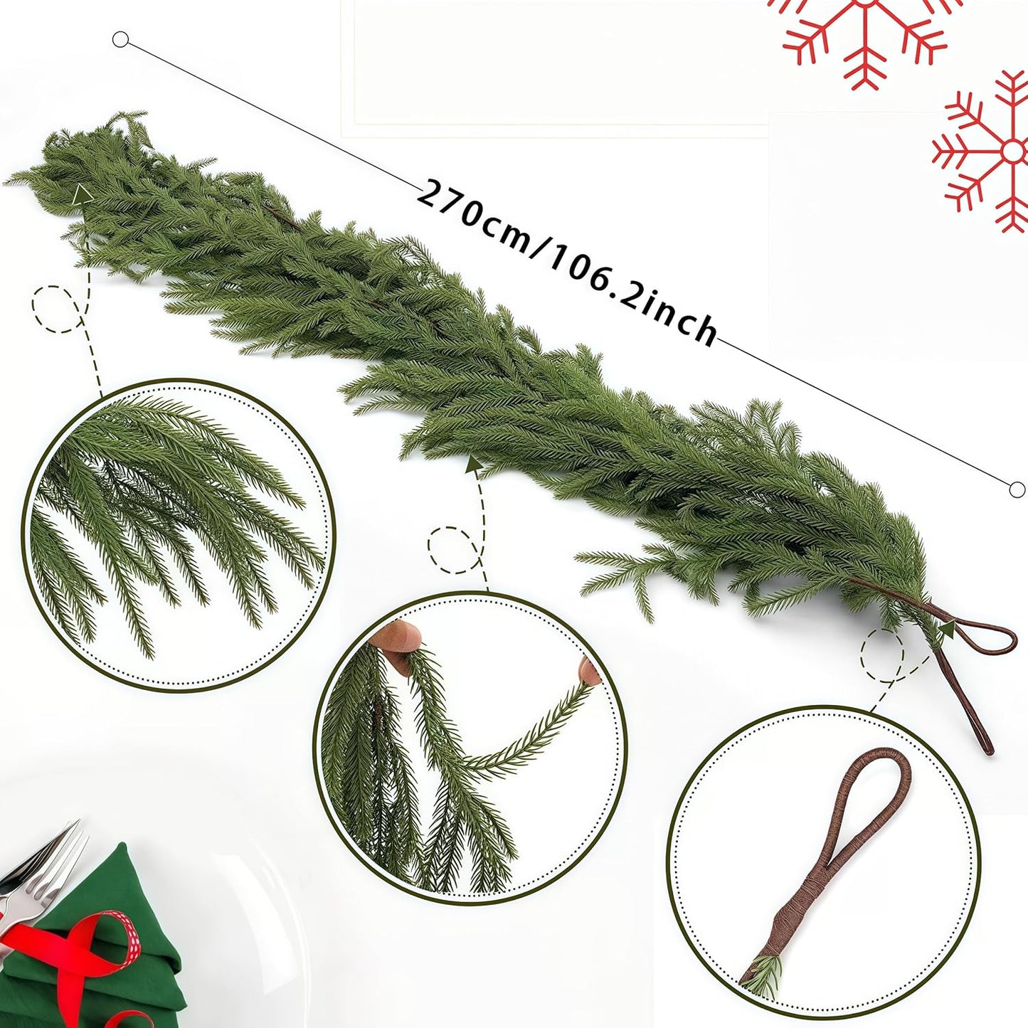 Christmas Decorations Artificial Norfolk Pine Garlands 9FT, 4Pcs Real Touch Winter Pine Garland, Green Artificial Greenery Garland for Table, Mantle, Wall, Indoor, Outdoor Decorations