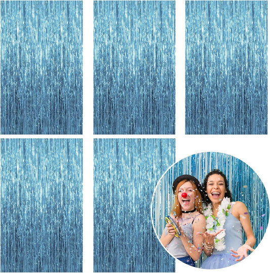 5 Pack Foil Curtain Backdrop Blue Metallic Tinsel Foil Fringe Curtains Photo Booth Props for Birthday Wedding Engagement Baby Shower Bachelorette Christmas Holiday Celebration Party Decorations