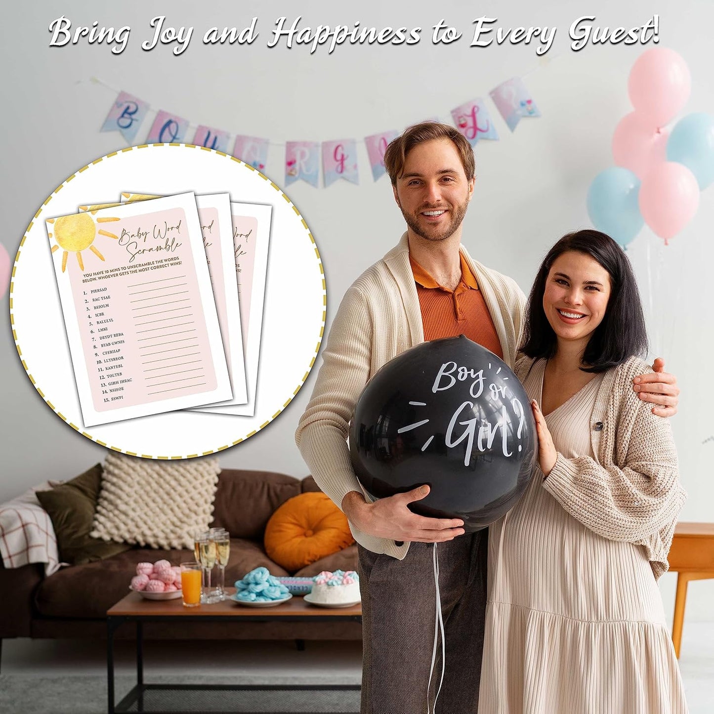 Boho Sunshine 30 Baby Word Scramble Game Cards with 1 Answer Card, Gender Reveal Party Supplies Favors (5"x7") - D01