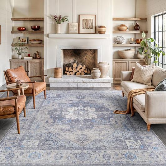 Bloom Rugs Washable Non-Slip 8' x 10' Rug - Blue/Sand Traditional Medallion Area Rug for Living Room, Bedroom, Dining Room, and Kitchen - Exact Size: 8' x 10'